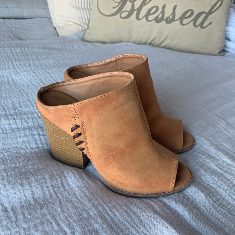 Camel Open Mule Slip On Block Heel High Heel 7